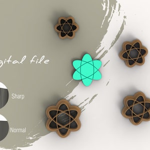 May include: Digital file image featuring several atom-shaped designs in brown and teal. The designs have a six-petal flower shape with an atom symbol in the center. The text "Digital file" is displayed in white, along with "Sharp" and "Normal" labels.