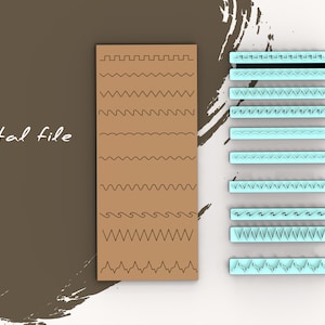 May include: A digital file with 10 different wavy lines, including zigzags, waves, and scalloped edges. The lines are shown in black on a brown background and in blue on a white background.