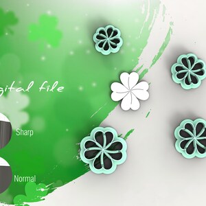 Può includere: Cinque file digitali per uno stampino per biscotti a forma di quadrifoglio. I file sono mostrati in diversi colori, tra cui bianco, nero e verde acqua. Il testo "File digitale" è visibile nell'immagine. L'immagine mostra anche un primo piano del file con il testo "Sharp" e "Normal" per indicare i diversi tipi di file.