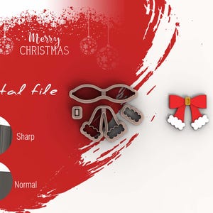 May include: A digital file for a Christmas cookie cutter in the shape of a bow with bells. The cutter is shown in two different views, one with a sharp edge and one with a normal edge. The text "Merry Christmas" is shown in the background.