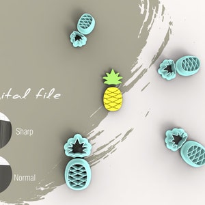 May include: A digital file for a pineapple cookie cutter. The cutter is blue and has a separate top and bottom piece. The image also shows a yellow pineapple illustration.