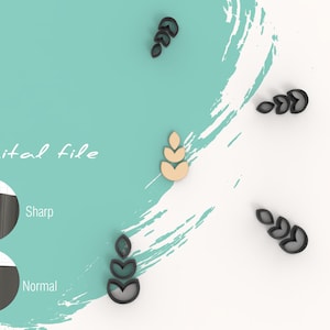 Può includere: Download di file digitale di un set di cinque tagliabiscotti a forma di foglia di colore nero e beige. I tagliabiscotti sono mostrati su uno sfondo bianco e blu. Il testo "File digitale" è visibile nell'immagine.