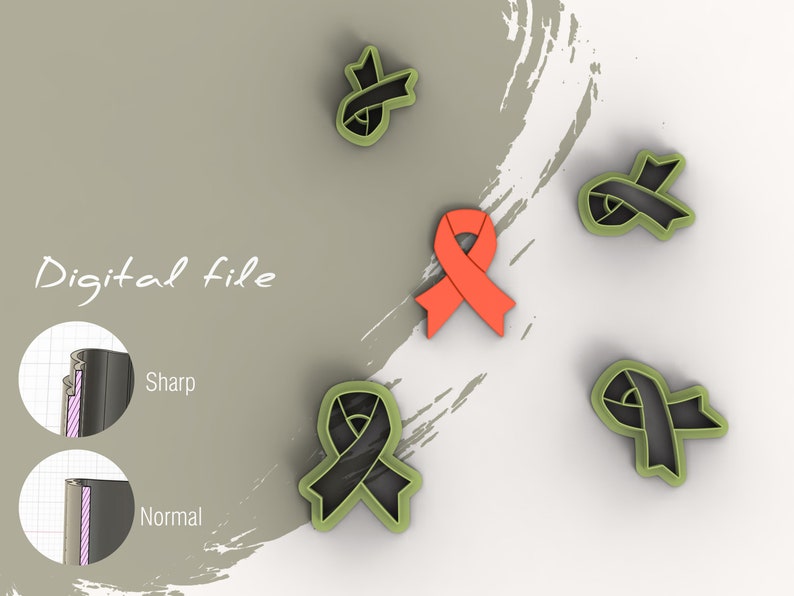 May include: Digital file for a cookie cutter set featuring four ribbon designs. The set includes three black ribbon designs and one orange ribbon design.
