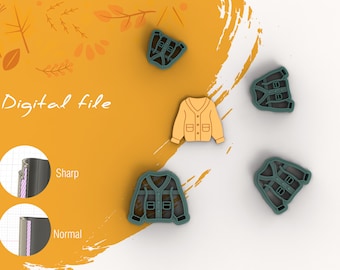May include: Four cookie cutters in the shape of a cardigan sweater. Two are green and two are yellow. The text "Digital file" is visible in the background.