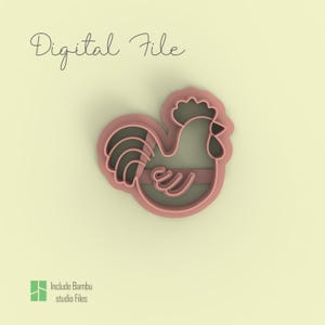 May include: A pink rooster-shaped cookie cutter with the text "Digital File" in cursive script. The image also includes the text "Include Bambu studio Files" in a green box. The cutter is set against a pale yellow background.