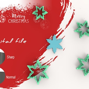 May include: Four snowflake cookie cutters, three are green and one is blue. The cookie cutters are on a white surface with a red background. The text "Merry Christmas" and "Digital file" are on the red background.