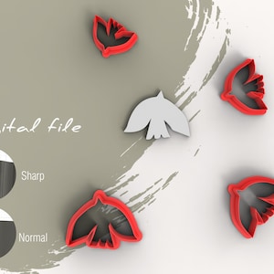 Puede incluir: Archivo digital para un cortador de galletas con forma de pájaro. El cortador se muestra en versión afilada y normal. La imagen también muestra un modelo 3D blanco del cortador.