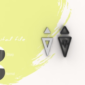 Puede incluir: Dos diseños geométricos triangulares, uno plateado y otro negro, se muestran sobre un fondo amarillo y blanco. Las palabras "Digital file" están escritas en cursiva. La imagen también incluye dos pequeños diagramas circulares.