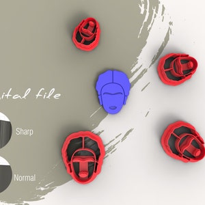 以下が含まれることがあります： フリダ・カーロの顔の形をした赤いプラスチック製のクッキーカッターが5つあります。カッターは白い表面に置かれており、背景はグレーです。グレーの背景に黒い文字で「デジタルファイル」と書かれています。