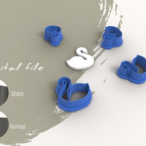 May include: A set of five blue plastic cookie cutters shaped like swans. The cutters are arranged on a white surface with a light brown background. The text "Digital file" is written in black on the background.