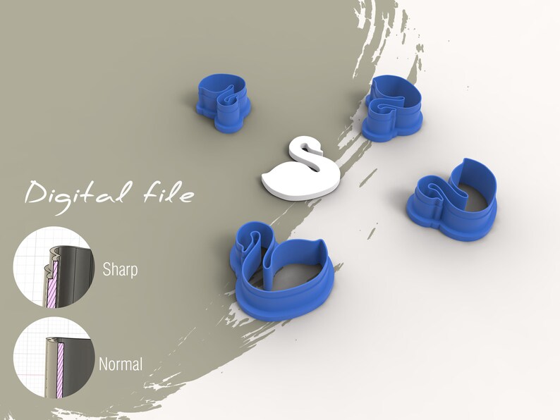 May include: A set of five blue plastic cookie cutters shaped like swans. The cutters are arranged on a white surface with a light brown background. The text "Digital file" is written in black on the background.
