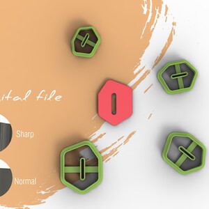 May include: Five 3D printed cookie cutters in the shape of a hexagon with a small hole in the center. The cutters are green, black, and red. The text "Digital file" is visible in the image.