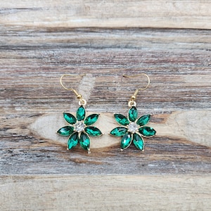 Green Crystal Flower Earrings , Gold and Green Floral Jewelry , Gold Plated and Nickel Free
