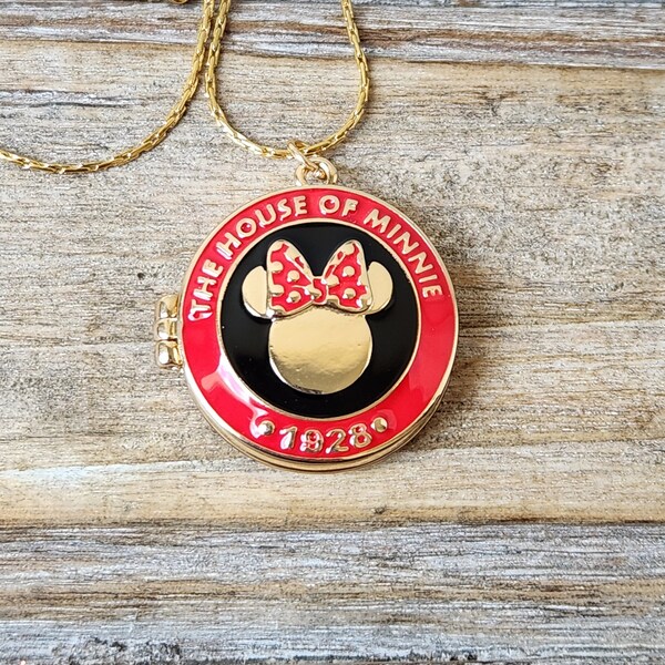 House of Minnie Mouse Locket Necklace Red, Black, and Gold Magnetic Official Disney on 18” 18k Gold Plated Stainless Steel Snake Chain