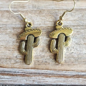 Gold Sombrero Cactus Earrings , Cactus Jewerly , Cinco De Mayo Jewelry , Gold Plated and Nickel Free