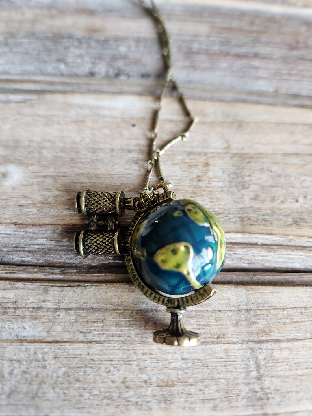 Globe and Binoculars Pendant Necklace Antique Brass Globe and