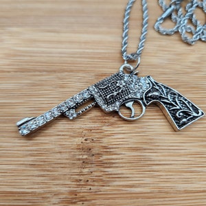 Silver Revolver Pendant with Rhinestones , 18” Stainless Steel Rope Link Chain Necklace , Western Gift for Her , Unique Jewelry