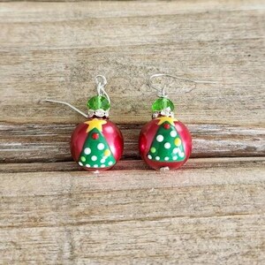Christmas Tree Glass Pearl Earrings - Festive Holiday Jewelry - Silver Plated Nickel Free - Gift for Her - Pearl and Rhinestone Christmas