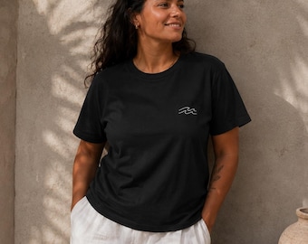 SURF T-shirt broderad "Wave" - 100% ekologisk bomull, ekologisk & unisex svart vintage
