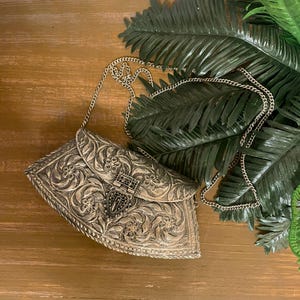 Vintage Embossed German Silver Clutch with Floral Design and Chain Strap