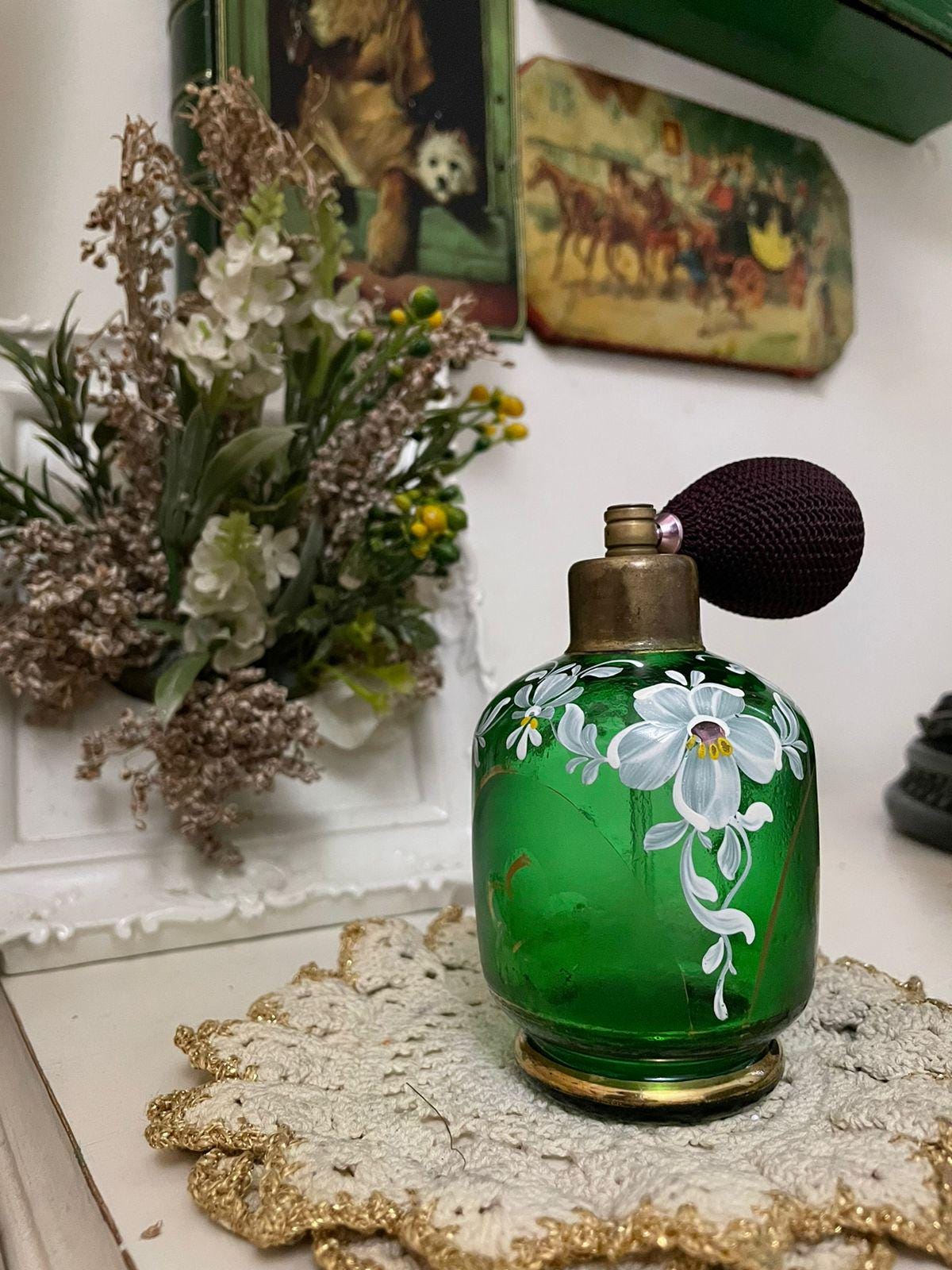 Hand-painted Green Perfume Bottle & Purple Atomizer - Etsy