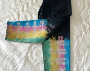 Jeansy Tie Dyed Black High Waisted Denim Jeans w pastelowych kolorach, rozmiar 8