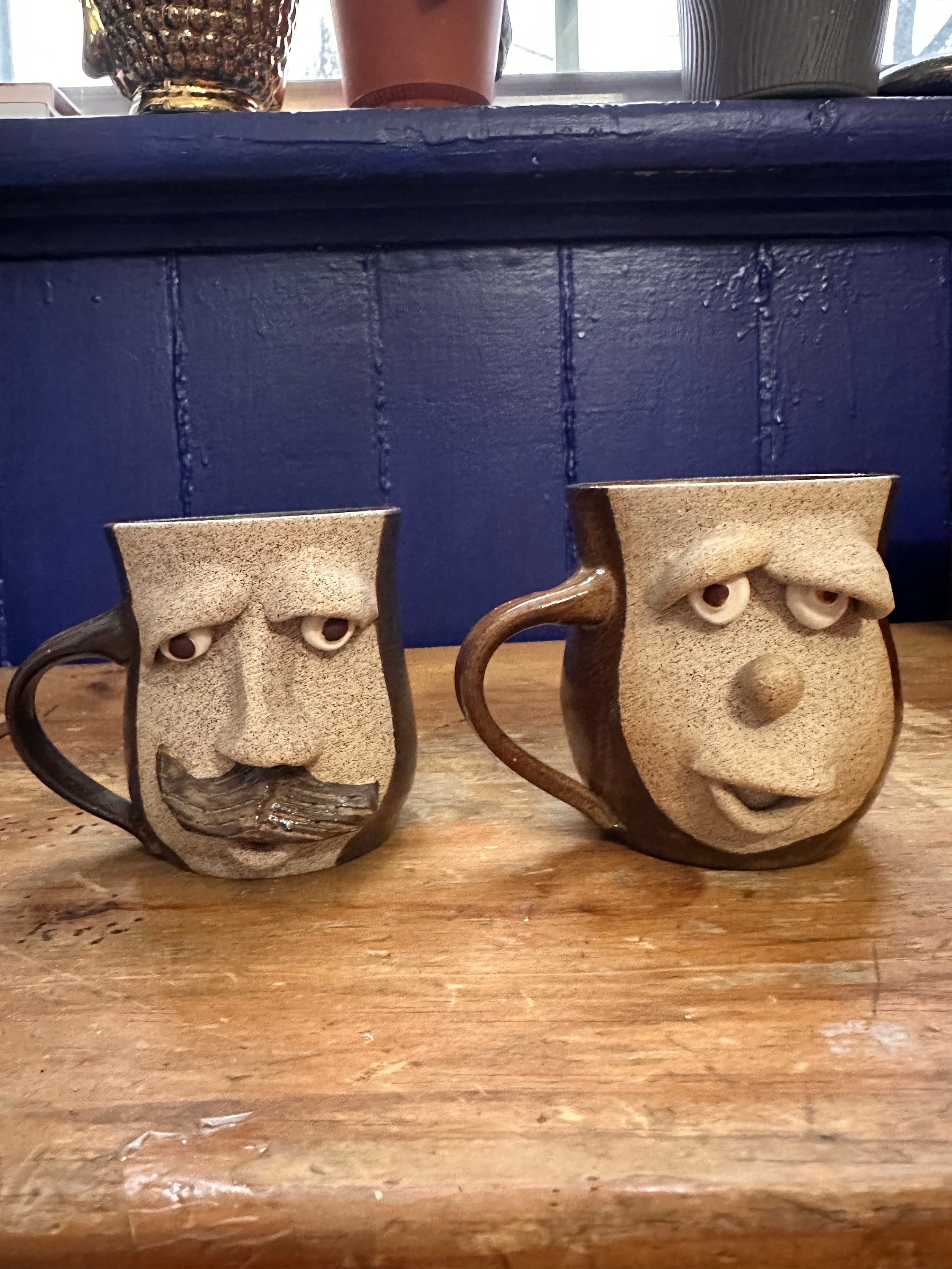 Ugly Face Pottery 3D Man With Mustache And Blue Eyes Mug – Mug Barista