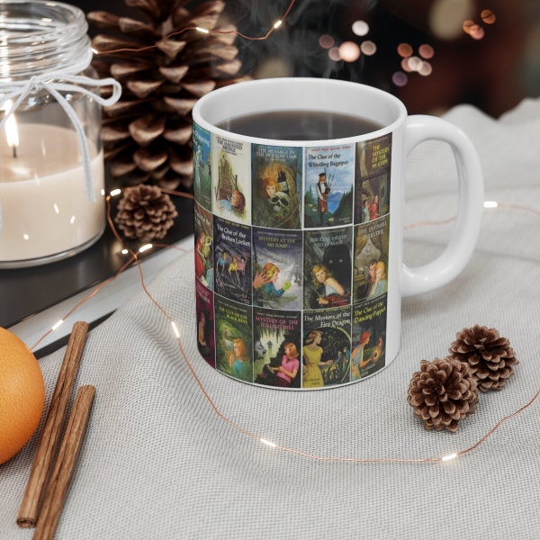 Nancy Drew Coffee Mug, retro mystery books, The Hidden Staircase, The Secret of the Old Clock, gift for librarian book lover