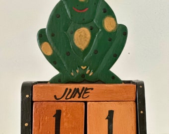 Vintage Wooden Frog Perpetual Calendar - Retro Style Desk Decor, frog theme nursery,  home office decor