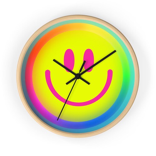 Horloge murale smiley, horloge visage heureux, horloge murale rétro Y2K, art mural jaune visage joyeux, art mural arc-en-ciel, horloge murale kidcore,