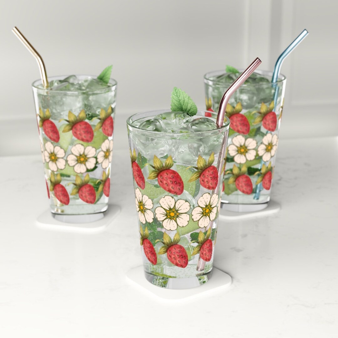 Strawberry Drinkware, Cute Summer Glasses, Retro Strawberry Pint