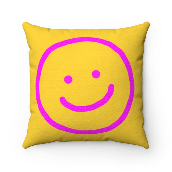 Smiley Face Throw Pillow, Happy Sad Throw Pillow, Pink accent throw pillow, funny retro pillow,