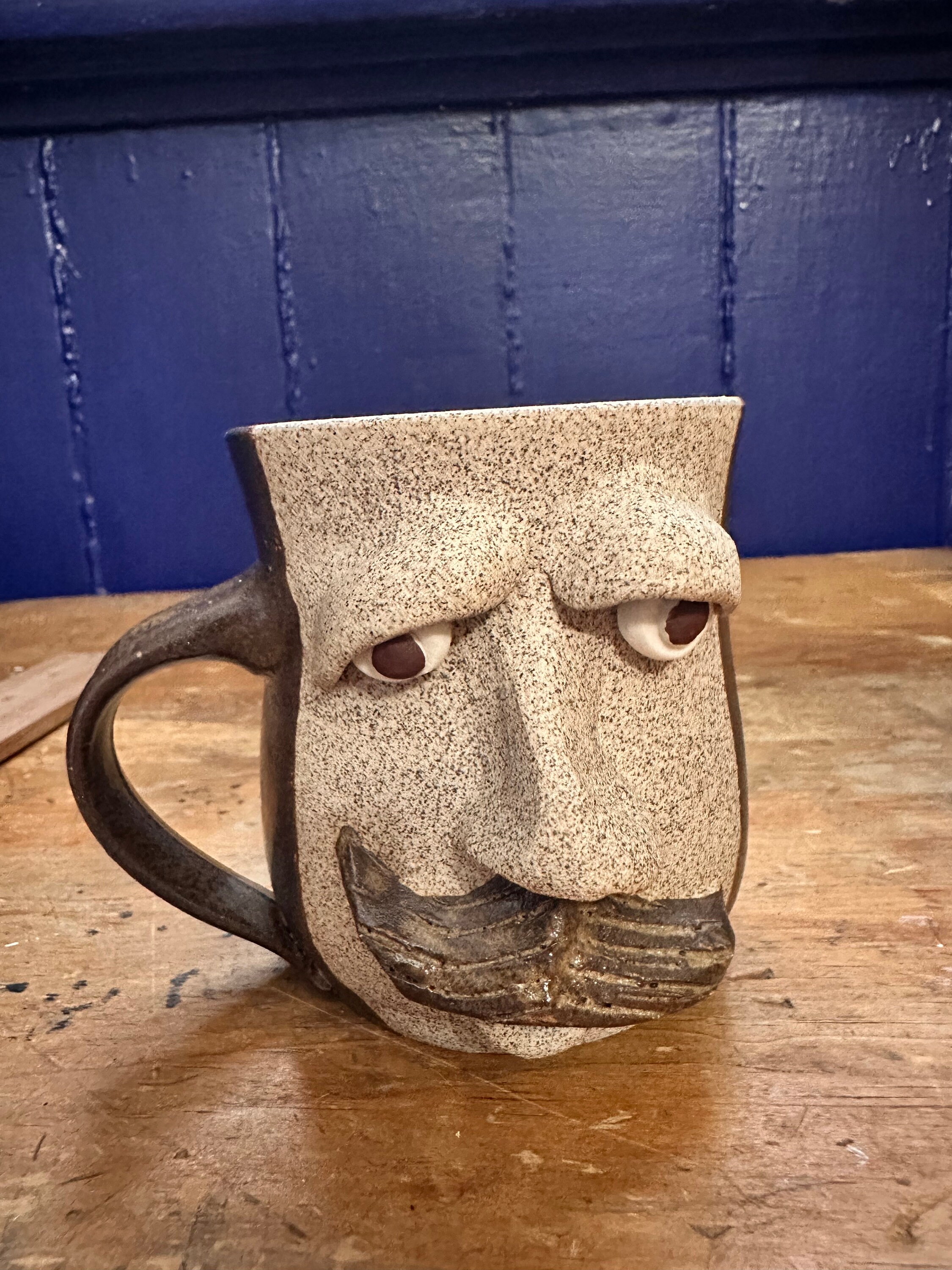 Ugly Face Mug Stein Mustache Man Vintage American Studio Pottery Folk Art