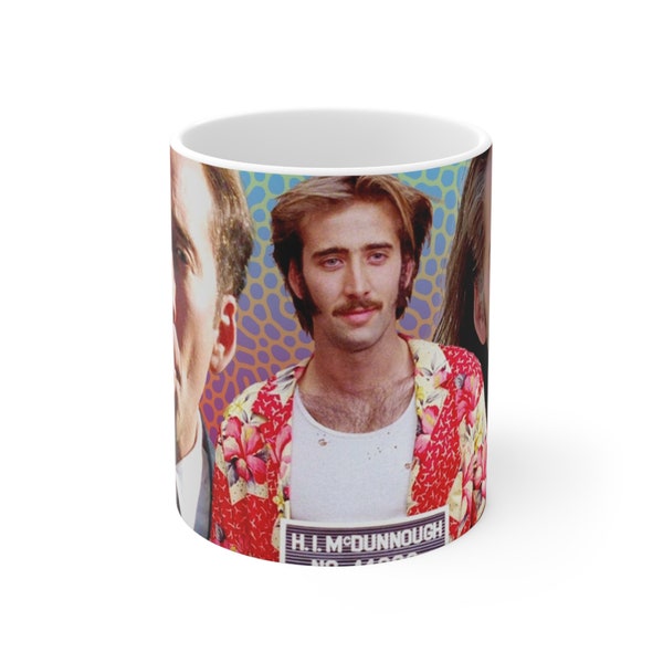 Nicholas Cage Collage Ceramic Mug 11oz, iconic movies collage, retro Nick Cage coffee cup, Raising Arizona