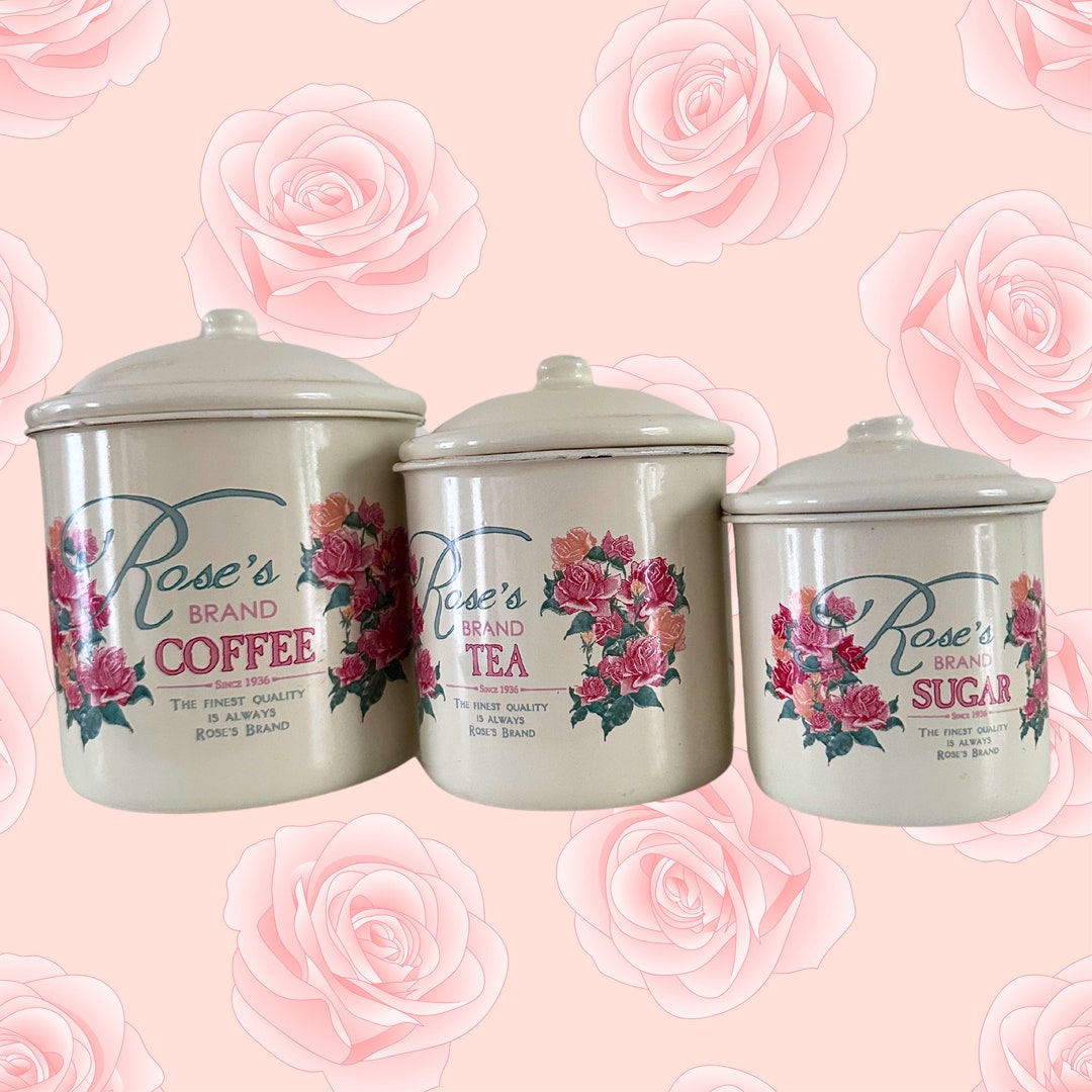 Vintage Metal Enamel Canister Set Roses Brand Coffee, Tea, Sugar