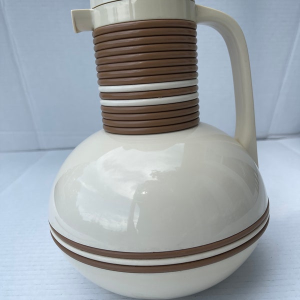 Coffee Thermos, Vintage Corning Thermique Coffee Carafe, 1980's brown white thermos, retro mid century modern coffee thermos