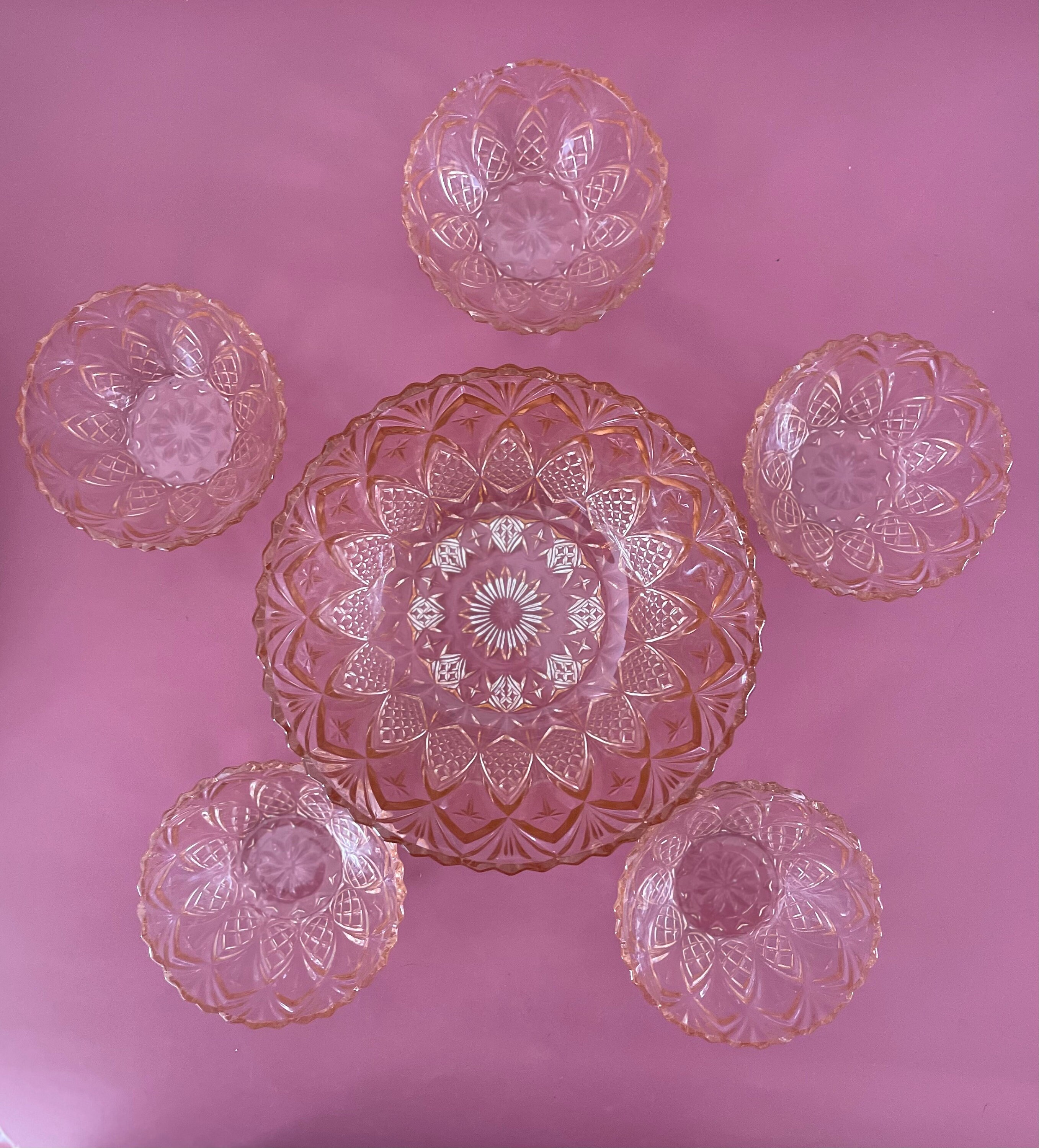 Pink Depression Glass Salad Bowl Set Vintage Coloured Etsy