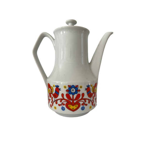 Vintage MCM teapot, Porcelain Tall teapot Amish Partridge Folk Art pattern Made in Japan 1970s - Nevco