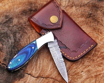 Damascus Steel Pocket Knife, Rose Wood Handle, Leather Sheath