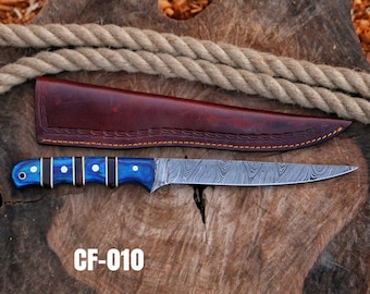 Handmade Damascus Steel Fillet Fishing Knife, Colored Wood Handle