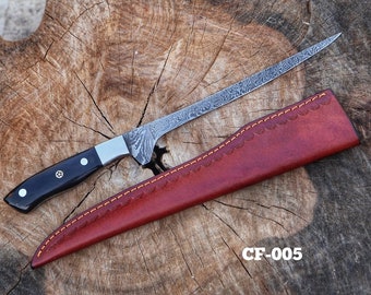Handmade Damascus Steel Fillet Fishing Knife with Leather Sheath