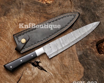 Handmade Damascus Steel Chef Knife with Leather Sheath