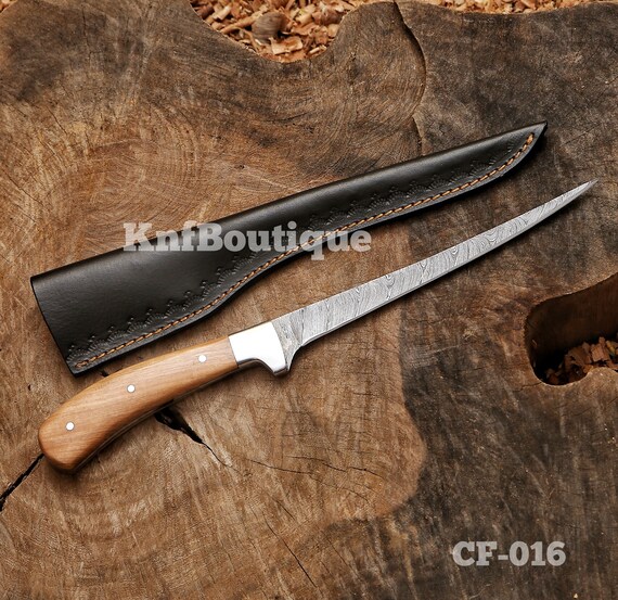 Handmade Damascus Steel Fillet Fishing Knife, Olive Wood Handle