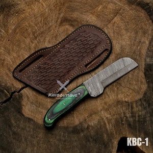Cowboy Bull Cutter Damascus Steel Knife, Exotic Wood Handle, Leather Sheath