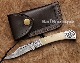 Handmade Damascus Steel Folding Knife, Camel Bone Handle with Leather Sheath