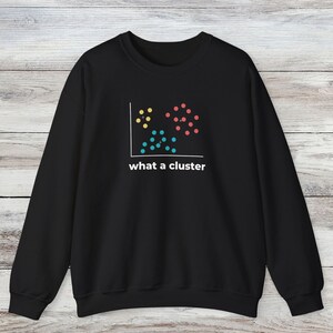 May include: A black long-sleeve sweatshirt featuring a white graphic of a scatter plot with three distinct clusters of yellow, red, and teal dots. Below the graph, the white text reads "what a cluster" in a clean, sans-serif font.