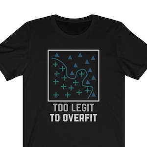 May include: Black t-shirt with a graphic of a blue line map with green plus signs and blue triangles. The text "TOO LEGIT TO OVERFIT" is below the graphic.