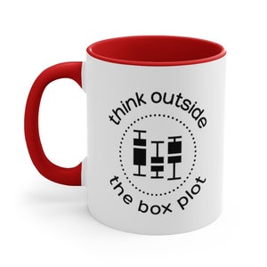 May include: White ceramic mug with a red rim and handle. The mug features a black and white graphic of a box plot with the text "Think outside the box plot" around it.