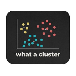 May include: A black and white graphic on a black background shows a scatter plot with three clusters of dots in yellow, blue, and red. The text "what a cluster" is below the plot.