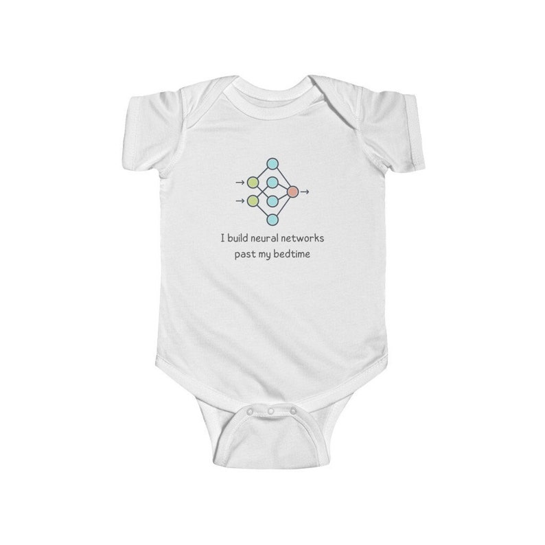 May include: White baby grow with a light blue, yellow, and pink neural network diagram and the text "I build neural networks past my bedtime".